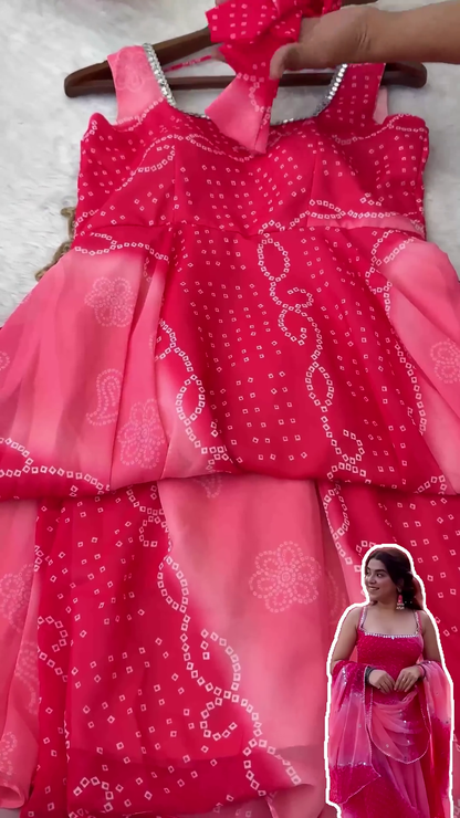 Rani Pink Bandhani Tunic with Mirror-Work Trim and Organza Dupatta