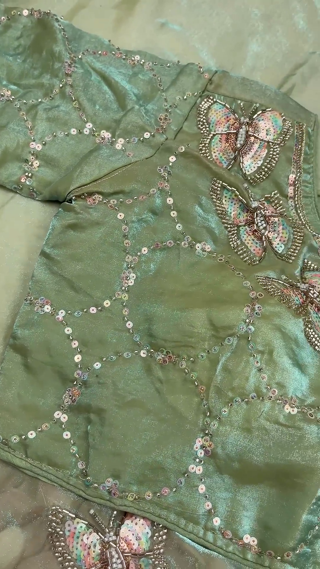 Sage Green Shimmer Silk Set with Pastel Sequin Lattice