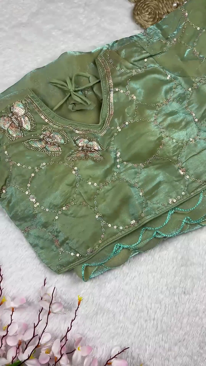 Sage Green Shimmer Silk Set with Pastel Sequin Lattice