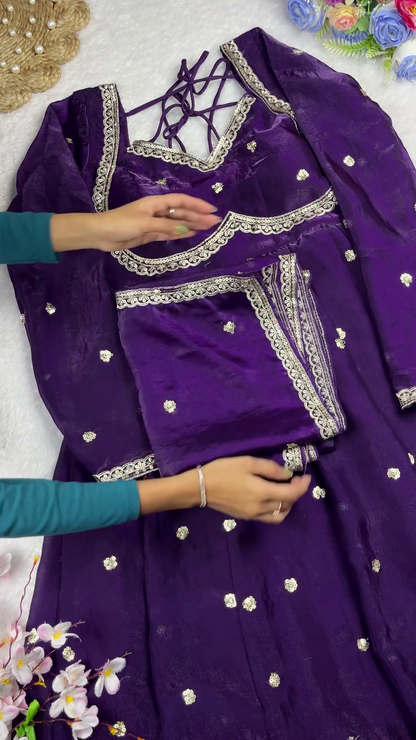 Royal Purple Shimmer Silk Anarkali with Multi-Dori Lattice Back
