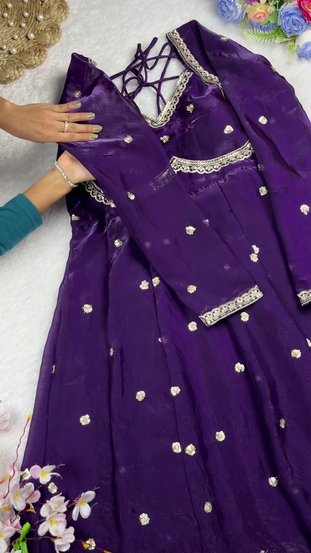 Royal Purple Shimmer Silk Anarkali with Multi-Dori Lattice Back