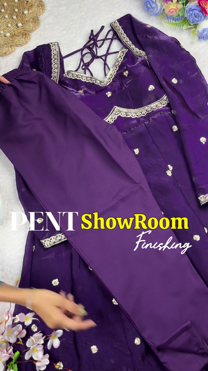 Royal Purple Shimmer Silk Anarkali with Multi-Dori Lattice Back