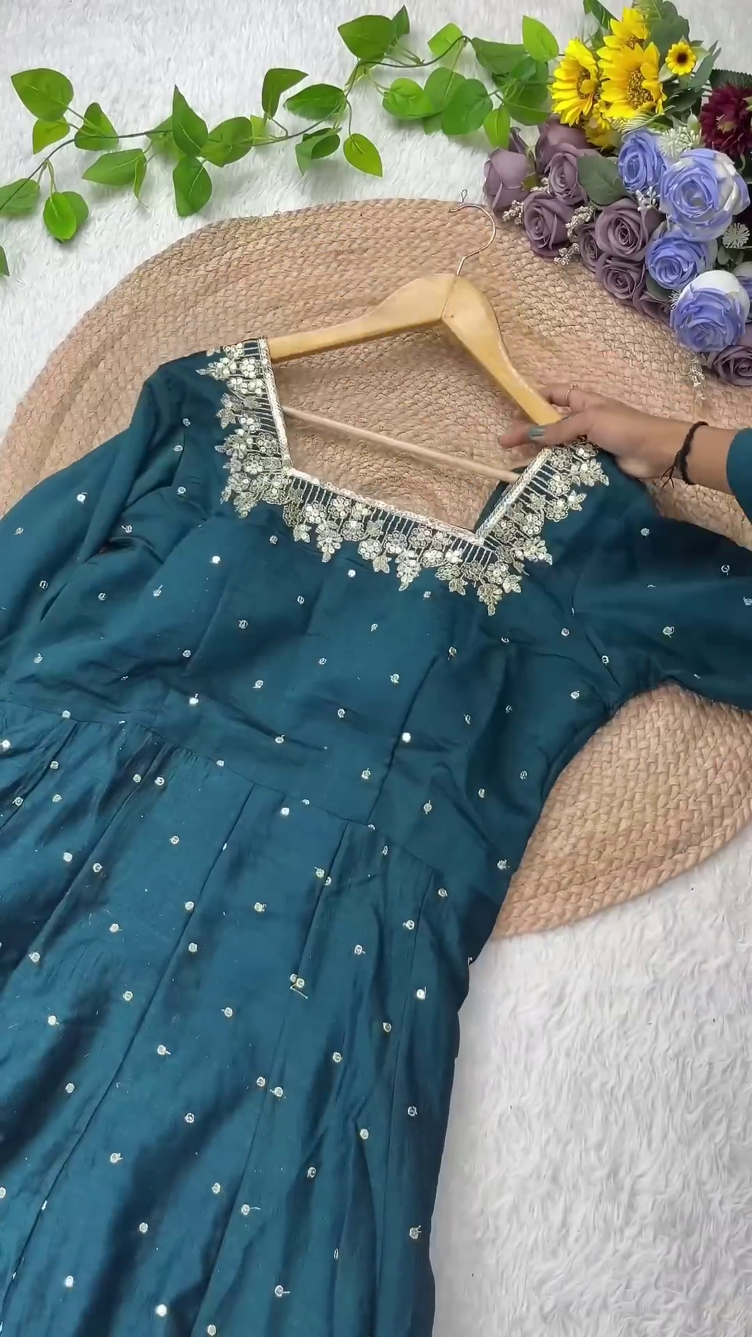 Floral Zari Embroidered Silk Anarkali with Sequin Buttis