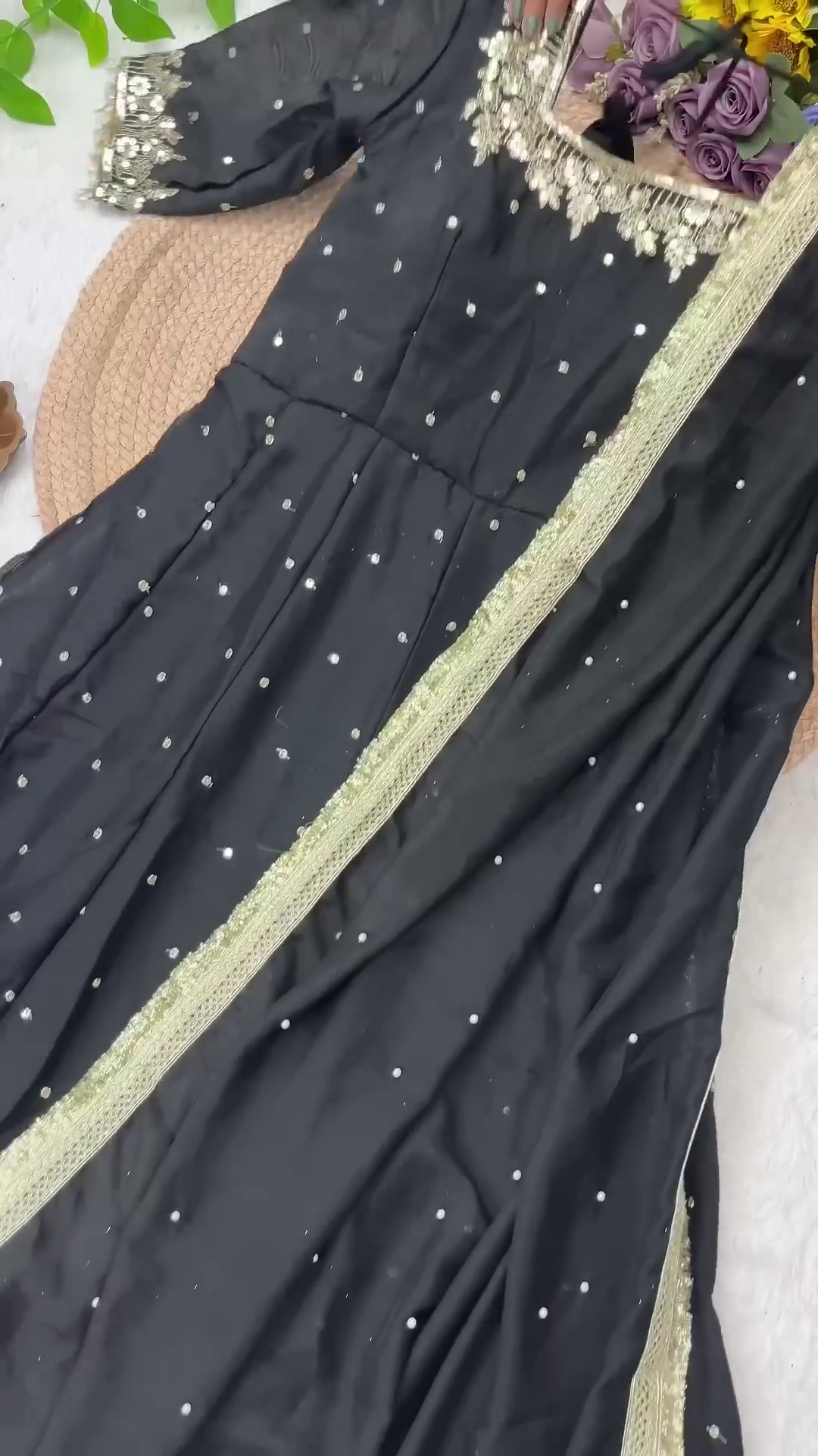 Floral Zari Embroidered Silk Anarkali with Sequin Buttis