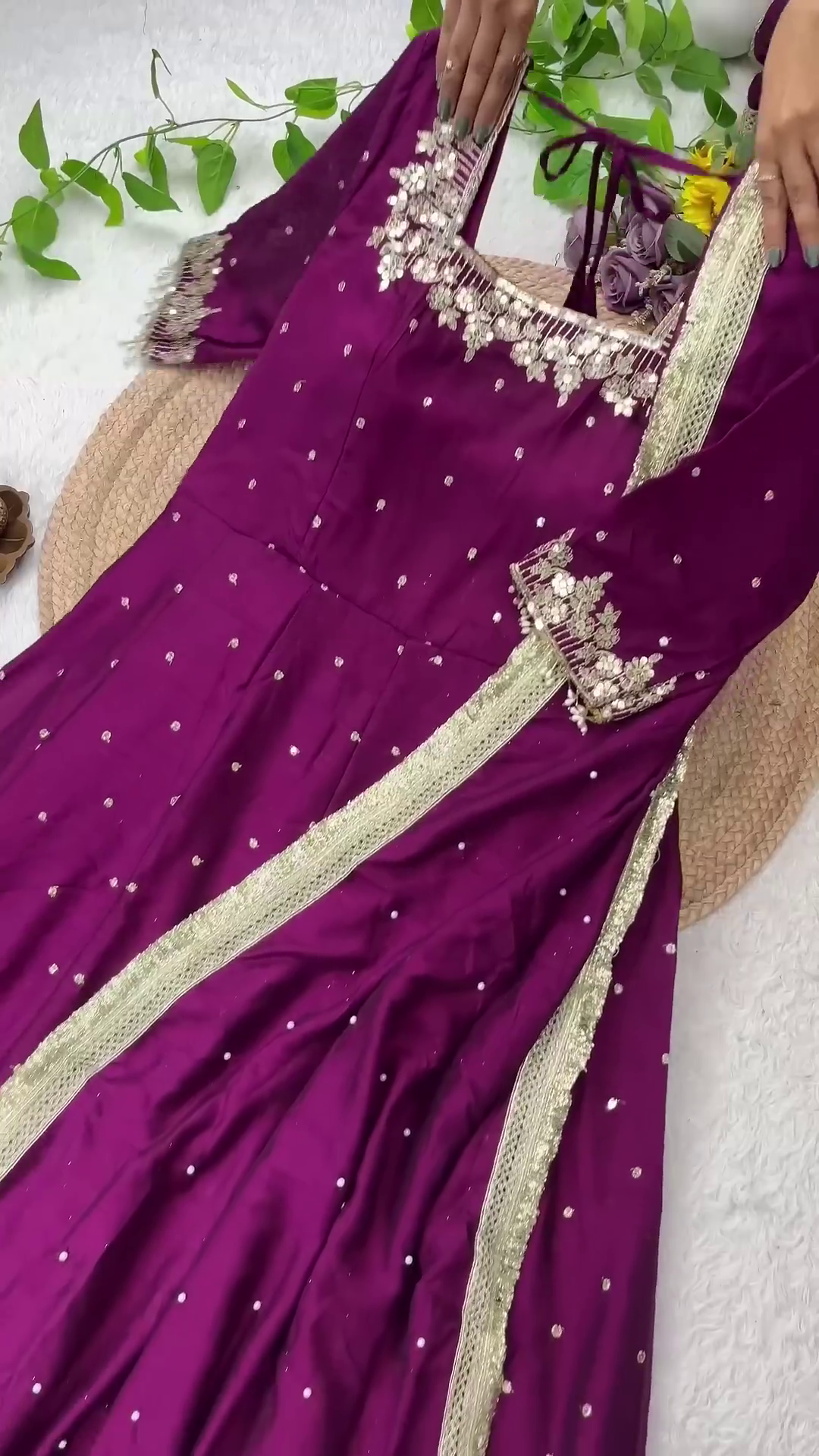 Floral Zari Embroidered Silk Anarkali with Sequin Buttis