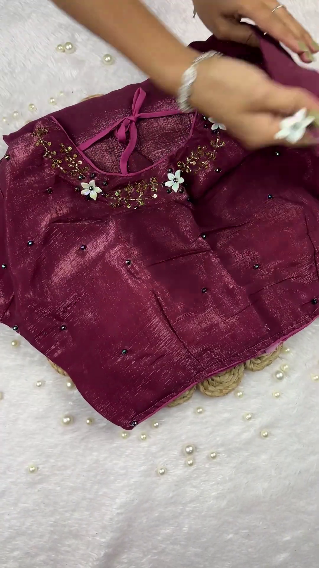 Dusty Rose Shimmer Tunic with 3D Floral Appliqués and Scalloped Border