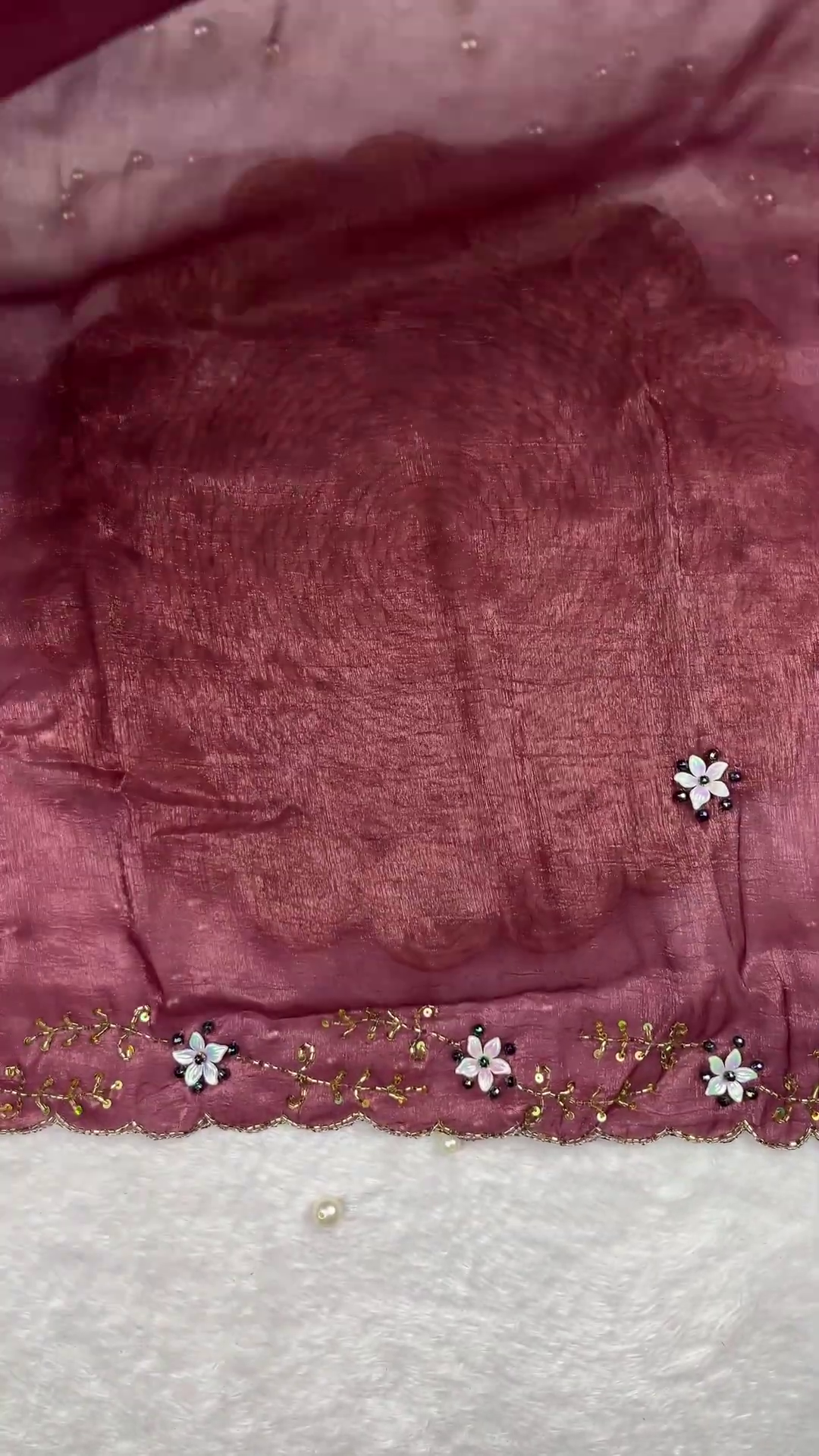 Dusty Rose Shimmer Tunic with 3D Floral Appliqués and Scalloped Border