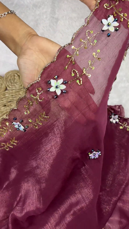 Dusty Rose Shimmer Tunic with 3D Floral Appliqués and Scalloped Border