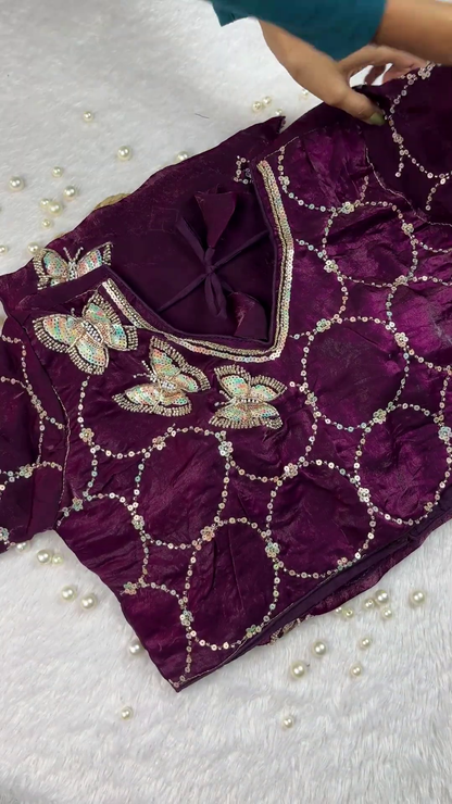 Royal Purple Shimmer Silk Blouse with 3D Sequin Butterfly Appliqués