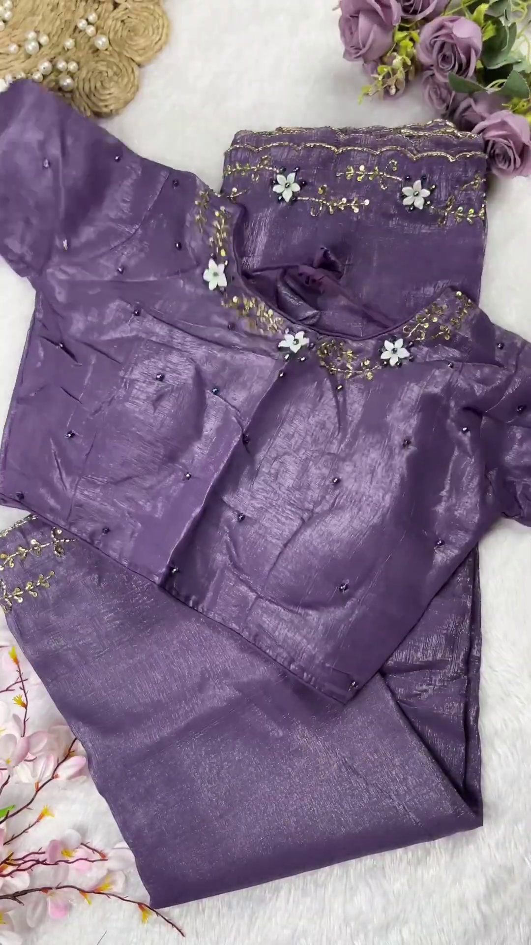 Shimmer Silk Tunic and Saree Set with 3D Floral Neckline
