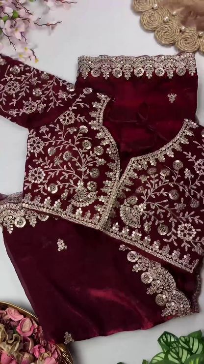 Jewel-Toned Silk Heritage Blouse and Scalloped Saree Set