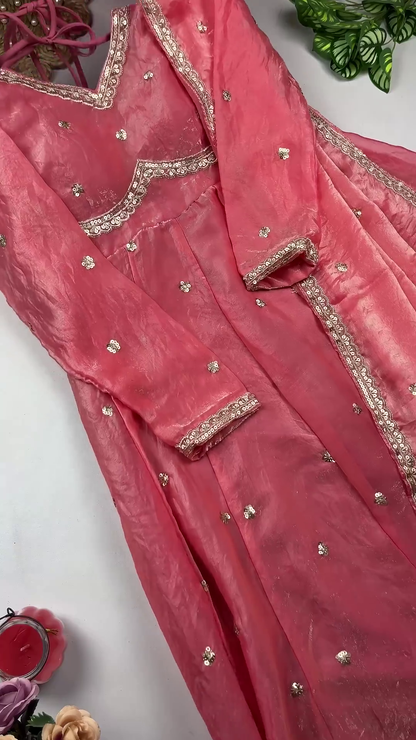 Jewel-Toned Shimmer Silk Anarkali with Multi-Tie Lattice Back