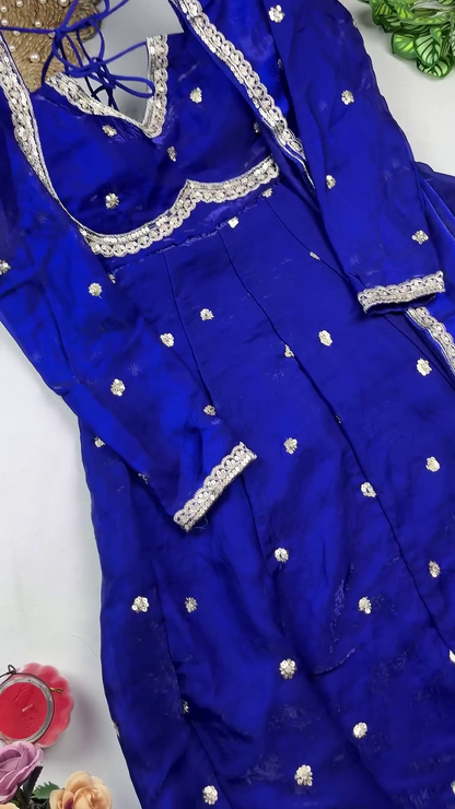 Jewel-Toned Shimmer Silk Anarkali with Multi-Tie Lattice Back