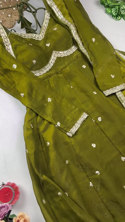 Jewel-Toned Shimmer Silk Anarkali with Multi-Tie Lattice Back