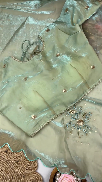 Seafoam Mint Shimmer Silk Blouse with Scalloped Zari Border