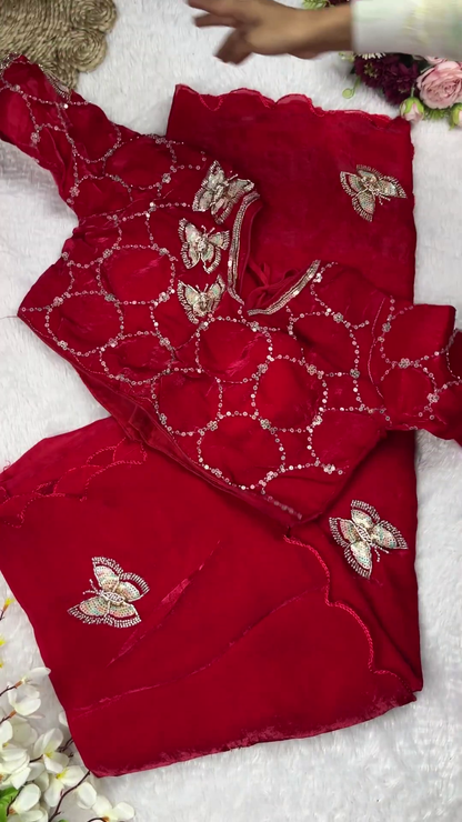 Jewel-Toned Shimmer Blouse with 3D Butterfly Appliqués and Scalloped Saree Set