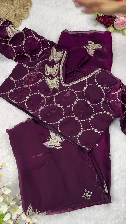 Jewel-Toned Shimmer Blouse with 3D Butterfly Appliqués and Scalloped Saree Set