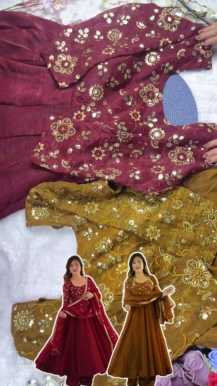 Floral Zari Embroidered Silk Anarkali with Sequin Buttis