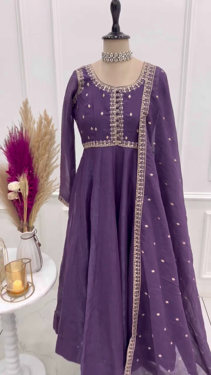 Dusty Purple Georgette Anarkali with Embroidered Bodice and Saree Set