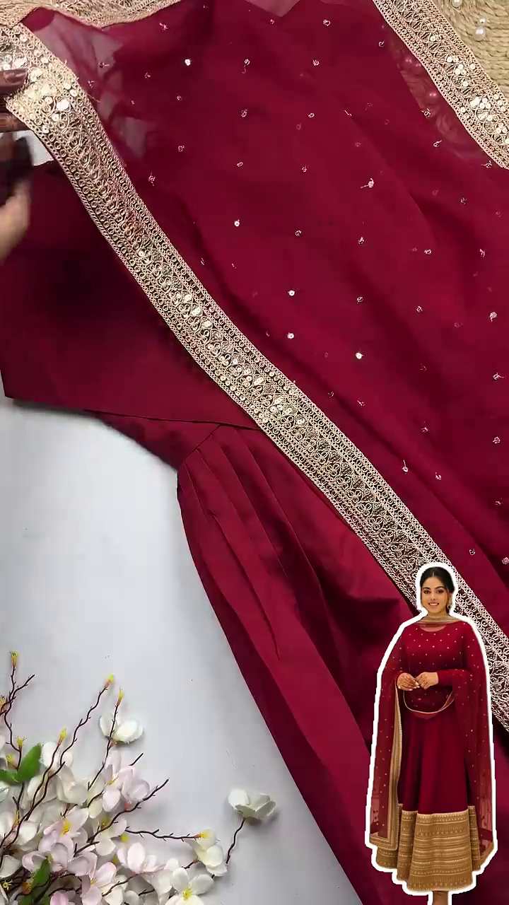 Royal Wine Silk Anarkali with Concentric Zari Border and Sequin Buttis