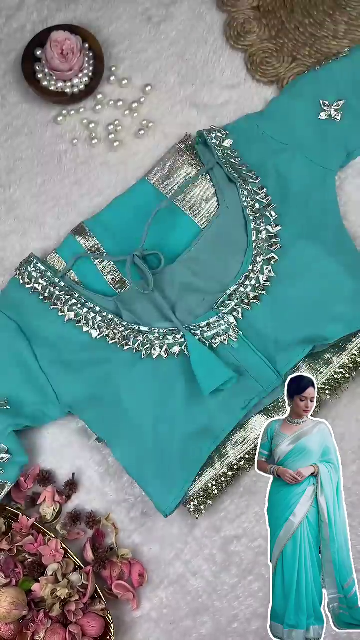 Sky Blue Silk Blouse with Half-Moon Geometric Mirror Mosaic