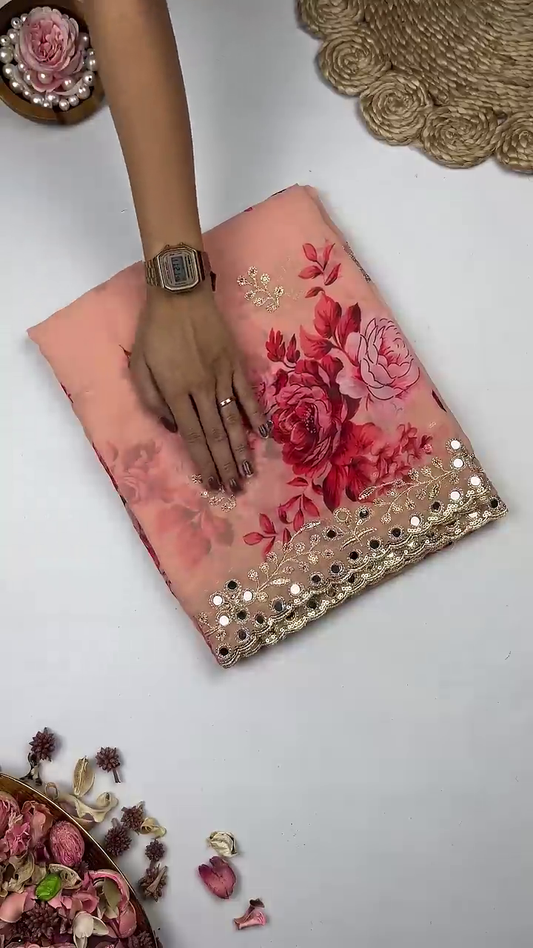 Peach Organza Saree with Red Rose Print and Scalloped Mirror-Work Border