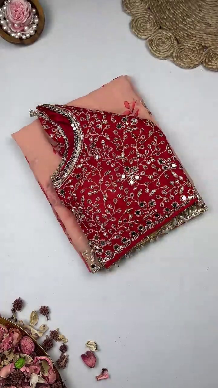 Peach Organza Saree with Red Rose Print and Scalloped Mirror-Work Border