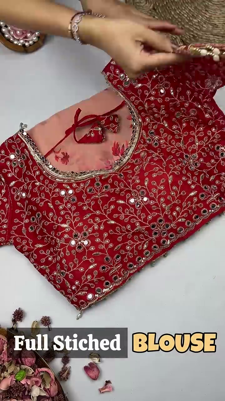 Peach Organza Saree with Red Rose Print and Scalloped Mirror-Work Border