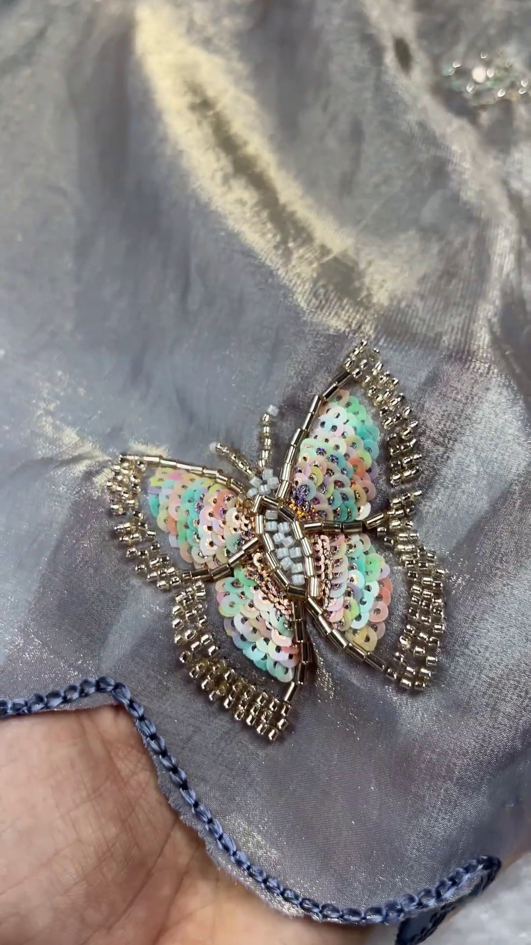 Steel Grey Shimmer Saree Set with 3D Iridescent Butterfly Appliqués