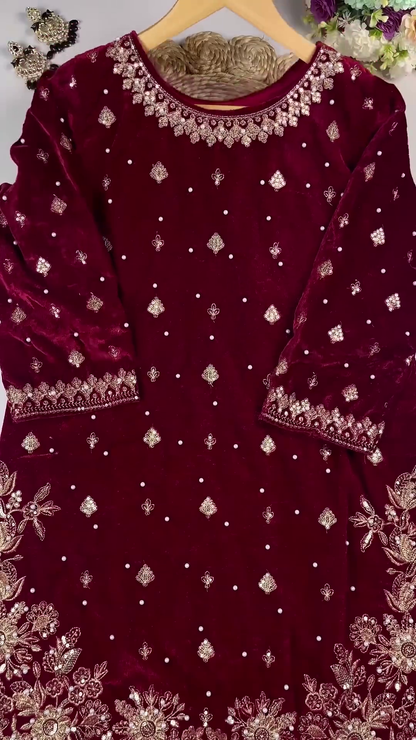 Regal Ruby Velvet Anarkali with Golden Floral Zari and Sequin Embroidery