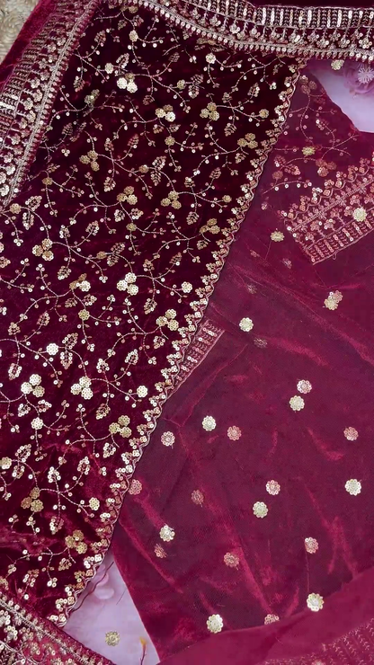 Majestic Ruby Velvet Anarkali with Golden Floral Zari and Sequin Embroidery