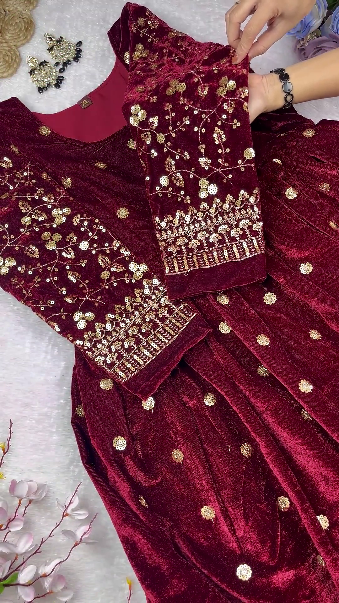 Majestic Ruby Velvet Anarkali with Golden Floral Zari and Sequin Embroidery