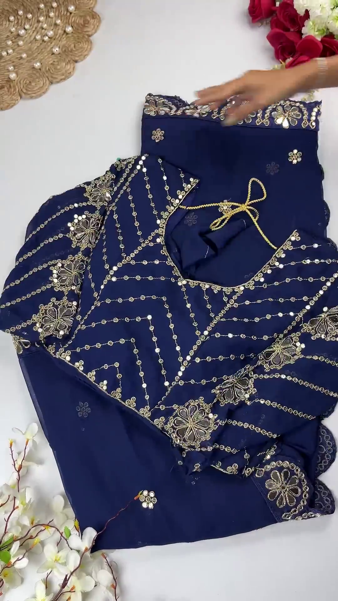 Georgette Saree Set with Hand-Embroidered Mirror-Work Floral Border