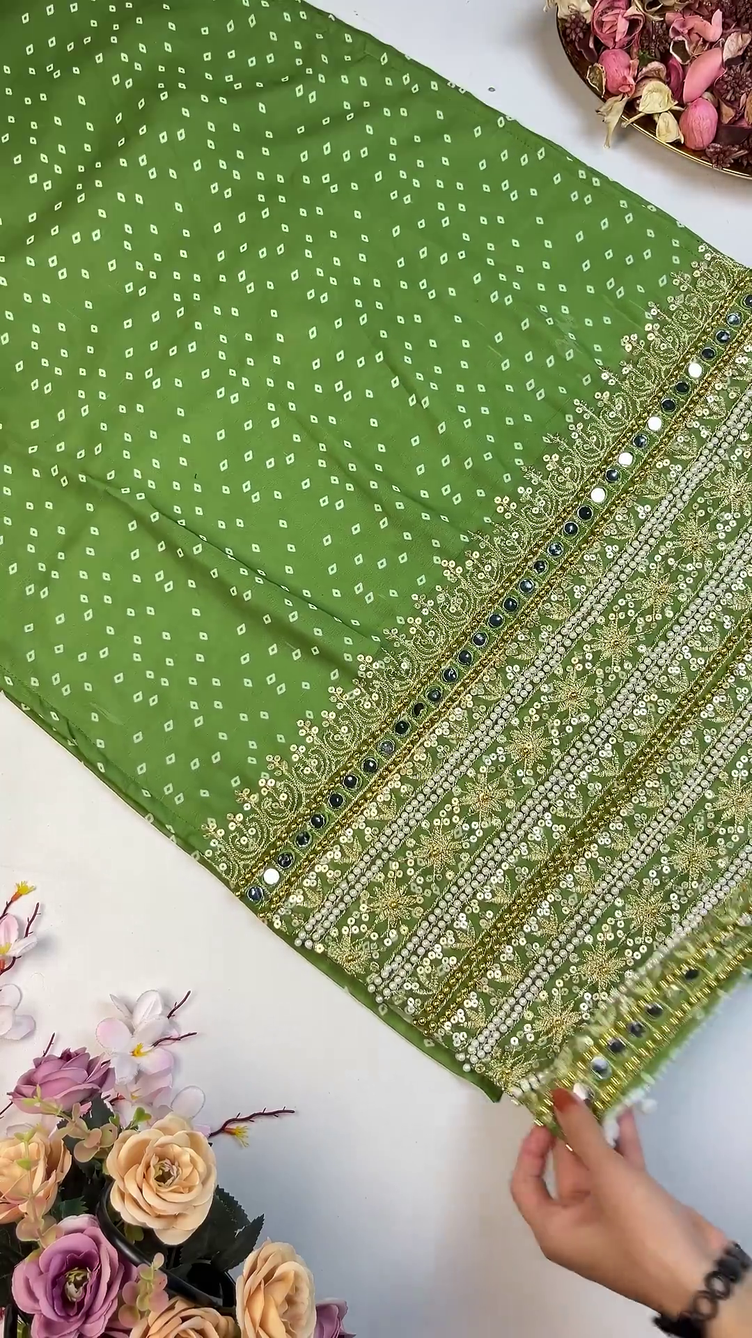 Vibrant Bandhani Georgette Suit with Circular Mirror-Work Medallions