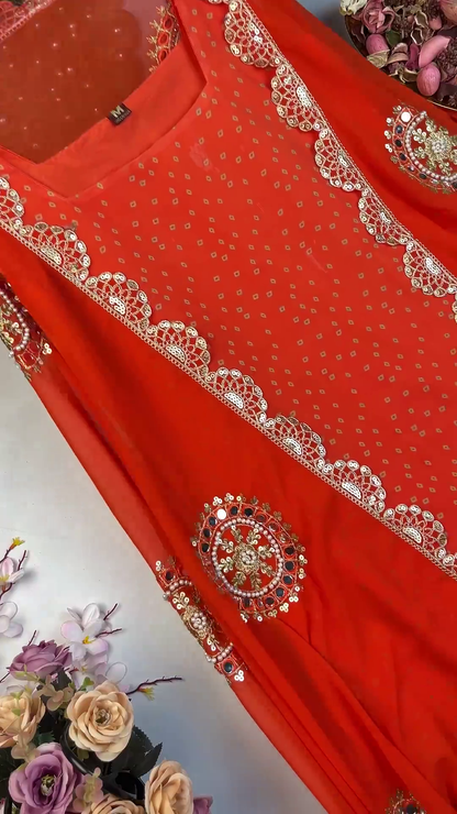 Vibrant Bandhani Georgette Suit with Circular Mirror-Work Medallions