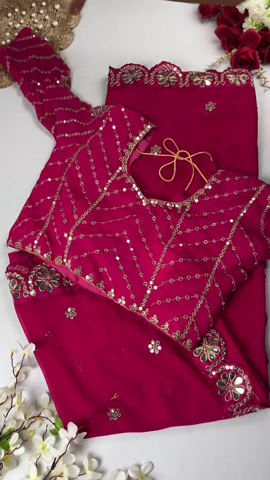 Crimson Silk-Blend Blouse with Floral Zari Jaal and Pearl Droplets