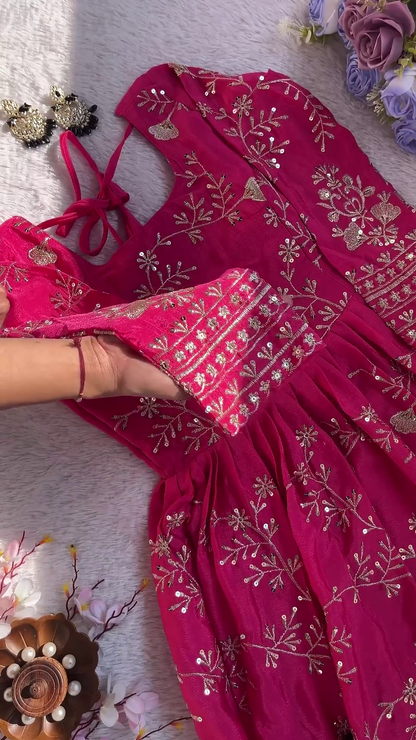 Hot Pink Silk-Blend Anarkali with Golden Floral Jaal and Sequin Highlights