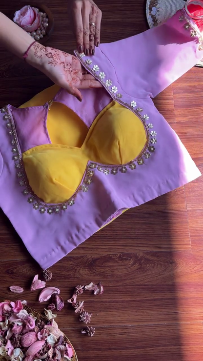 Lavender and Mustard Contrast Silk-Blend Blouse with Floral Sequin Borders