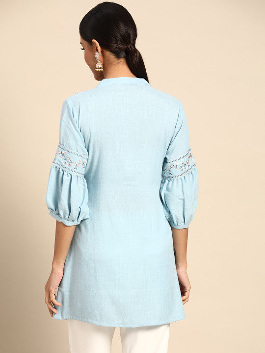 Blue Embroidered Detail A-Line Top