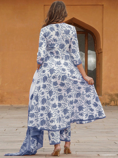Floral Printed Anarkali Pure Cotton Kurta with Trousers & Dupatta
