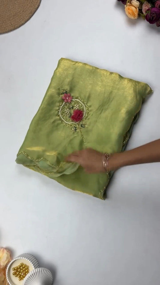 Floral Motif Embellished Shimmer Organza Saree – Available in Lime Green, Sky Blue, Cream, Red, Purple, Teal, Forest Green & Fuchsia