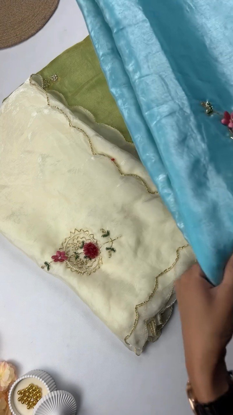 Floral Motif Embellished Shimmer Organza Saree – Available in Lime Green, Sky Blue, Cream, Red, Purple, Teal, Forest Green & Fuchsia