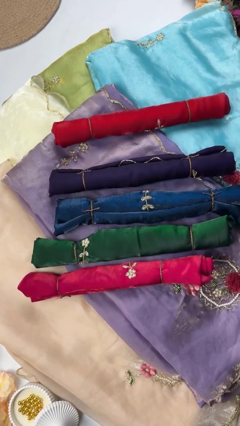 Floral Motif Embellished Shimmer Organza Saree – Available in Lime Green, Sky Blue, Cream, Red, Purple, Teal, Forest Green & Fuchsia