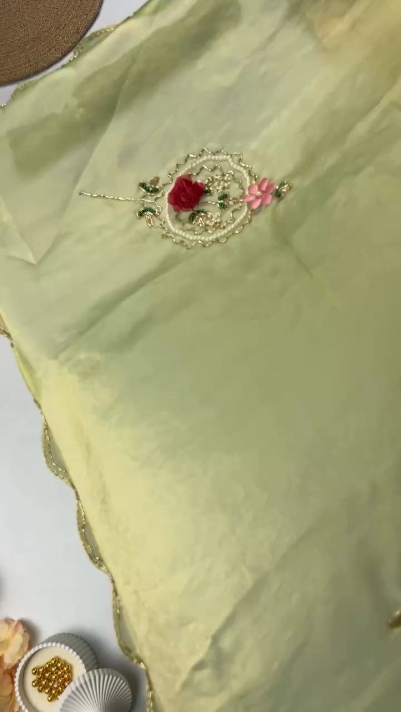 Floral Motif Embellished Shimmer Organza Saree – Available in Lime Green, Sky Blue, Cream, Red, Purple, Teal, Forest Green & Fuchsia