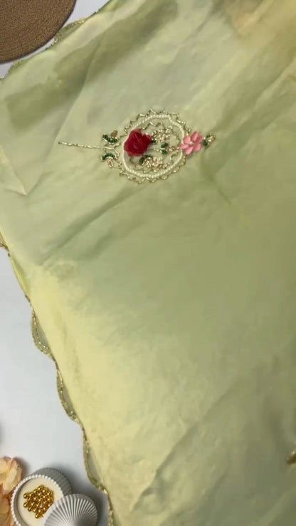 Floral Motif Embellished Shimmer Organza Saree – Available in Lime Green, Sky Blue, Cream, Red, Purple, Teal, Forest Green & Fuchsia