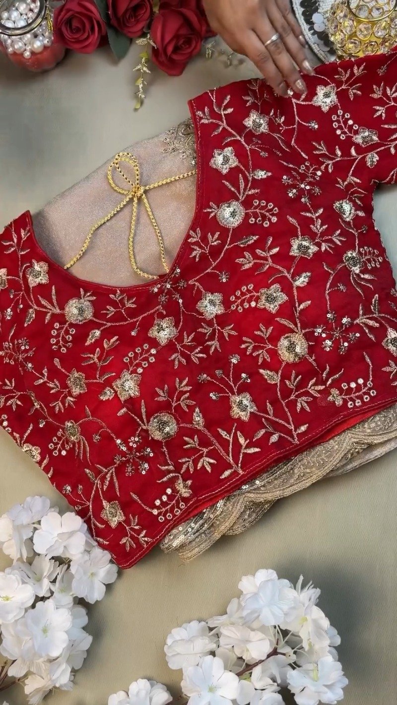 Enchanting Scalloped Organza Saree with Hand-Embroidered Velvet Blouse – Available in Red & Beige
