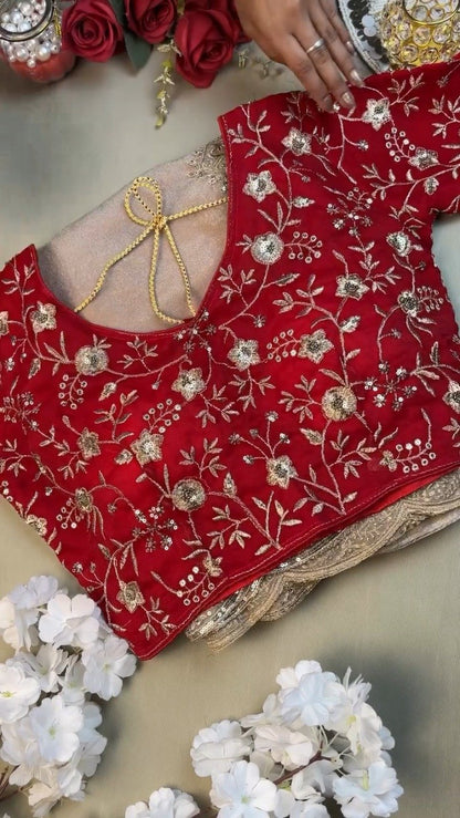 Enchanting Scalloped Organza Saree with Hand-Embroidered Velvet Blouse – Available in Red & Beige