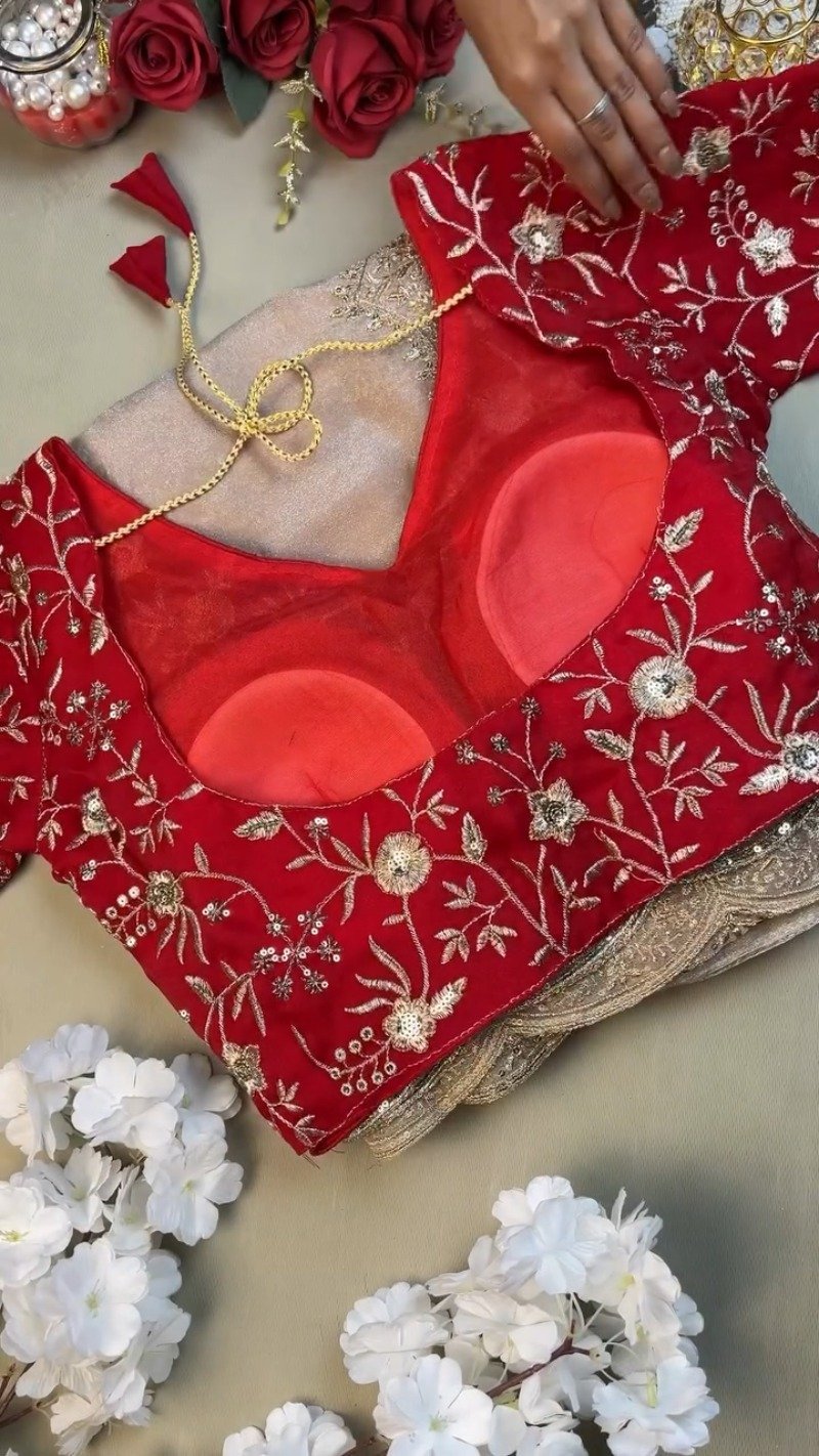 Enchanting Scalloped Organza Saree with Hand-Embroidered Velvet Blouse – Available in Red & Beige