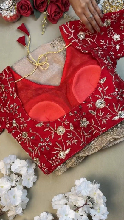 Enchanting Scalloped Organza Saree with Hand-Embroidered Velvet Blouse – Available in Red & Beige