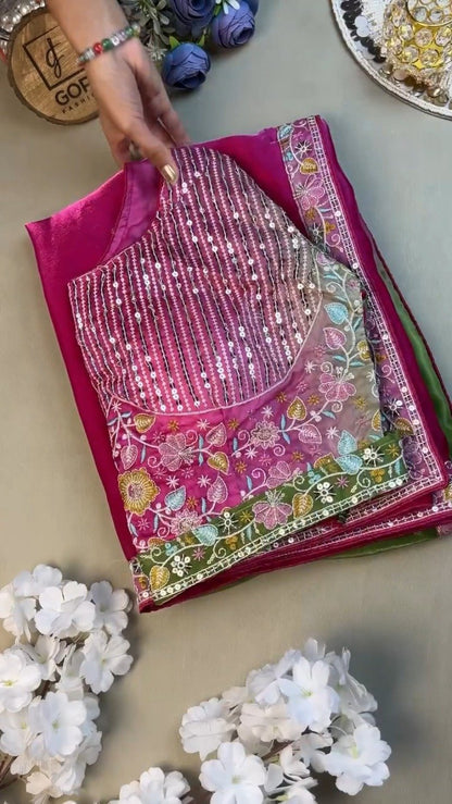 Magenta & Sage Green Floral Embroidered Saree Set – Available in Magenta & Sage Green